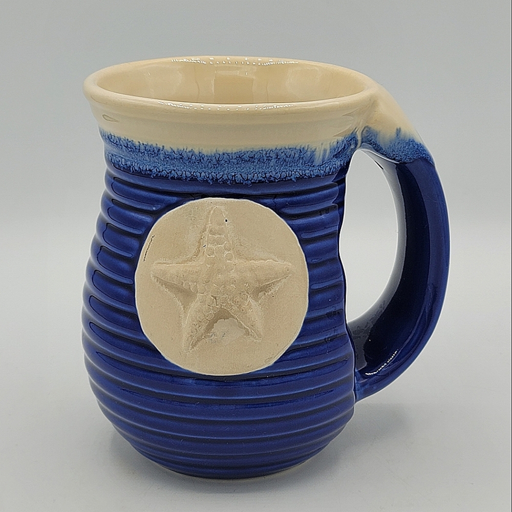 DEI Starfish Mug Nautical Coastal Pottery Ribbed Blue Tan 5.25" Cozy Hand Grip